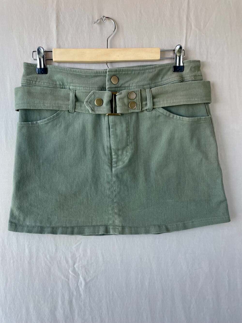 Stitch & Pine Sage Green Belted Denim Mini Skirt